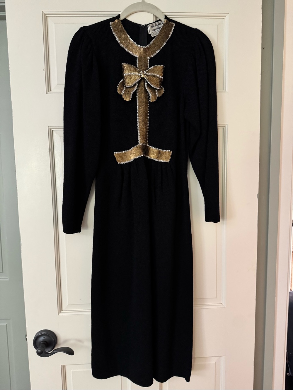 Vintage Black Knit Dress with Gold Bow Detail